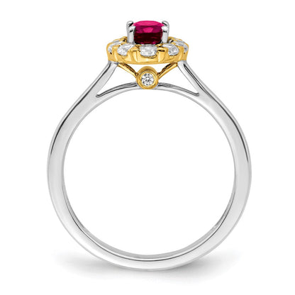 14K Bicolor Ring mit 0,625 ct. im Labor gezüchteten Diamanten VS/SI+ G+ und ovalem, im Labor gezüchtetem Rubin, Halo-Design