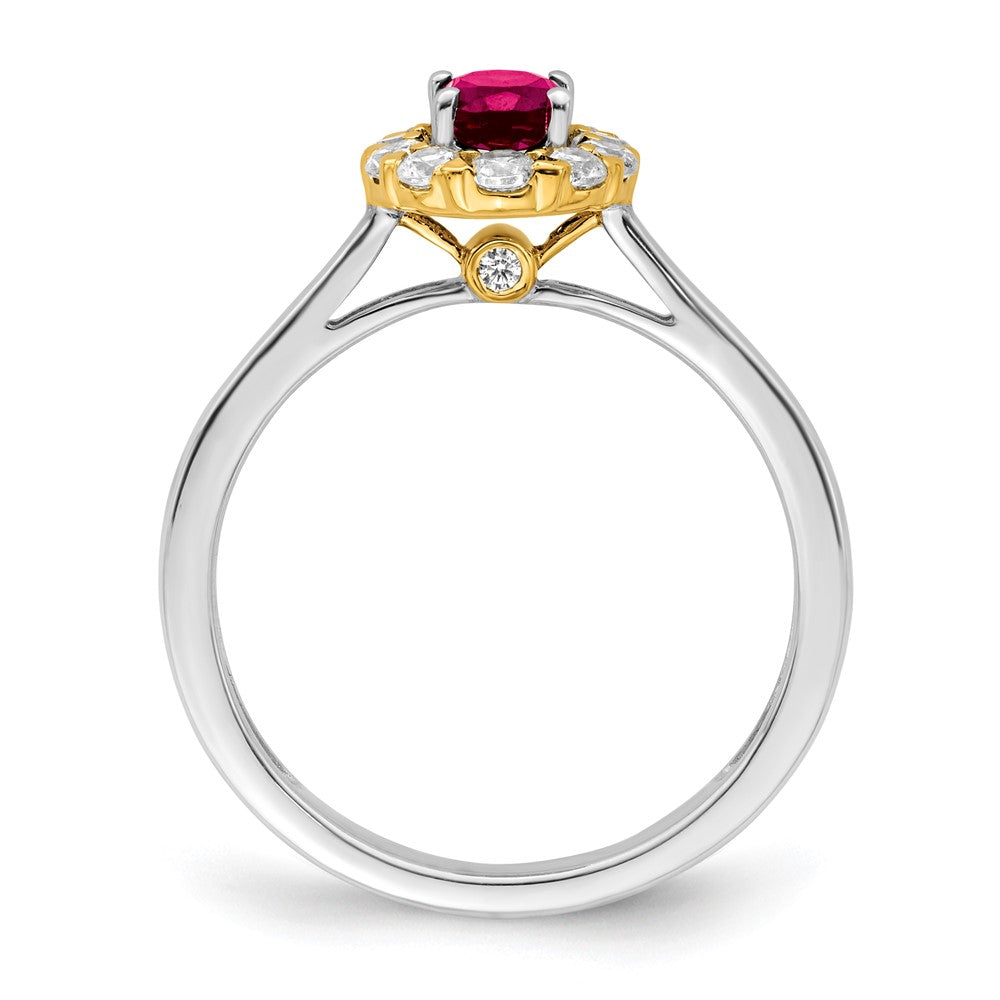 14K Bicolor-Gold Ring mit echtem Rubin und echten Diamanten im Halo-Design
