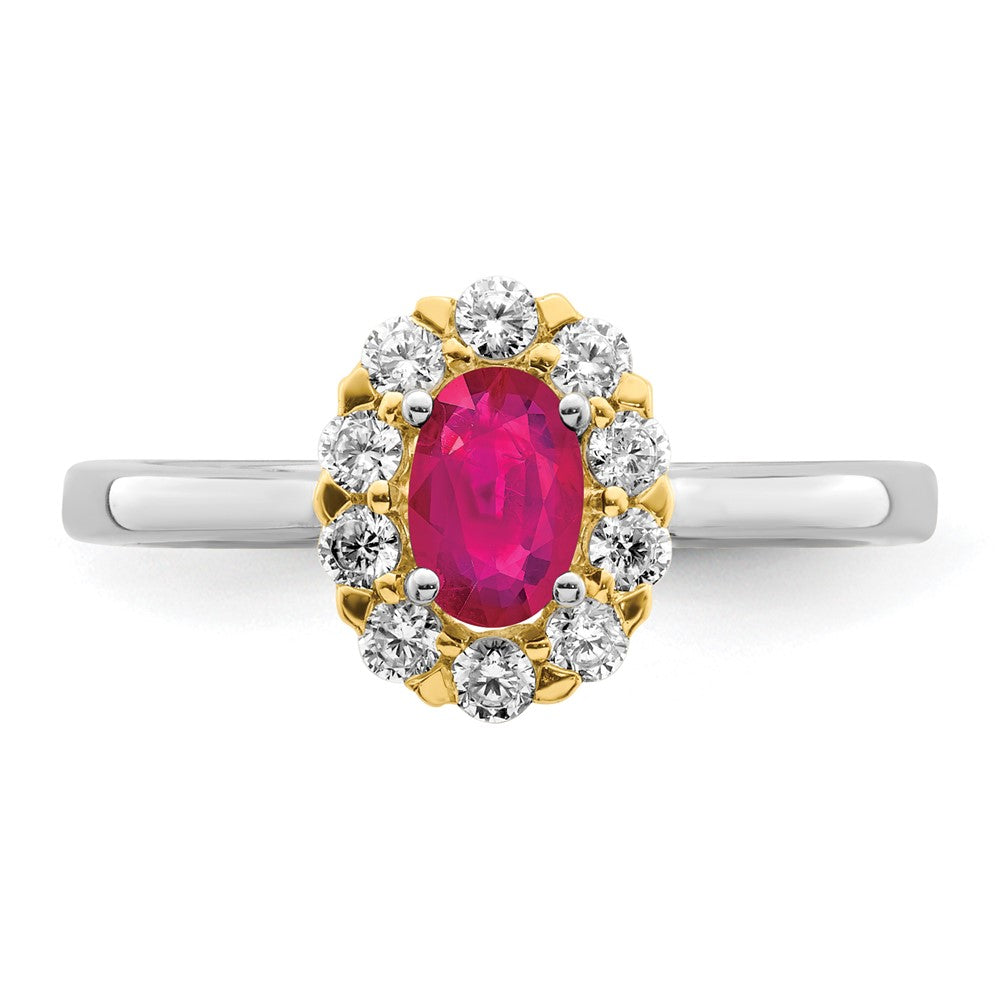 14K Bicolor-Gold Ring mit echtem Rubin und echten Diamanten im Halo-Design