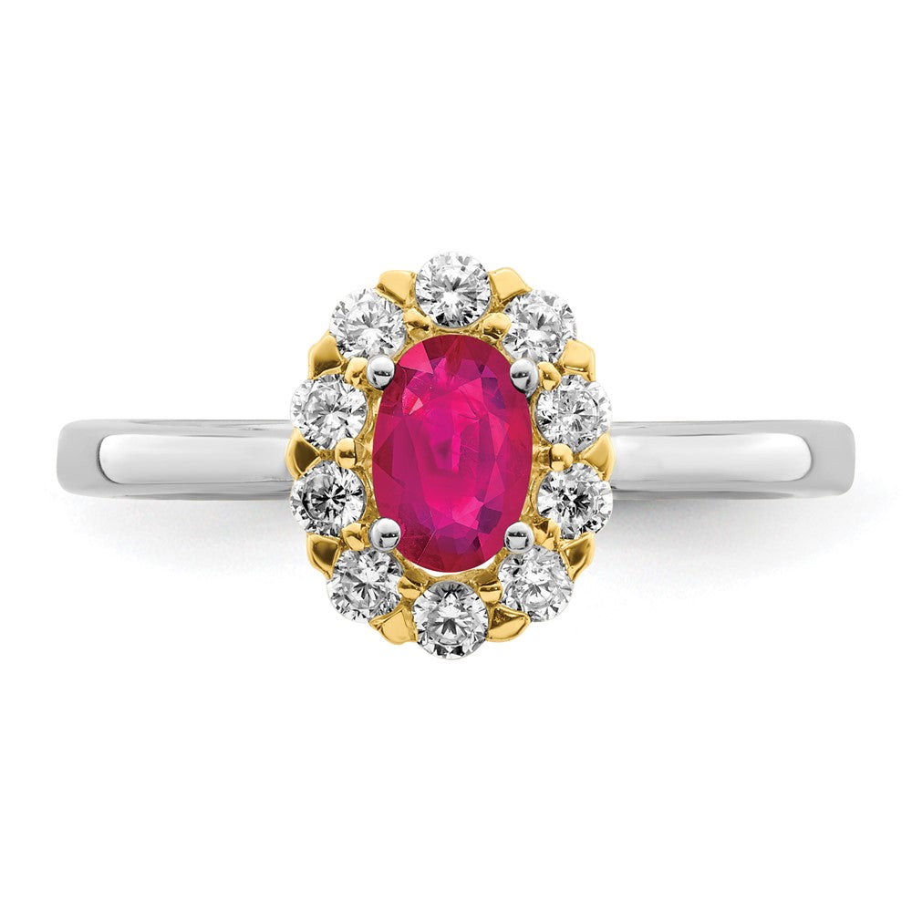 14K Bicolor Ring mit 0,625 ct. im Labor gezüchteten Diamanten VS/SI+ G+ und ovalem, im Labor gezüchtetem Rubin, Halo-Design