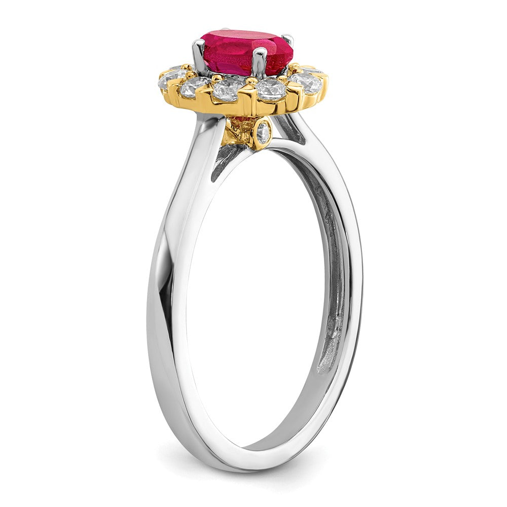14K Bicolor Ring mit 0,625 ct. im Labor gezüchteten Diamanten VS/SI+ G+ und ovalem, im Labor gezüchtetem Rubin, Halo-Design
