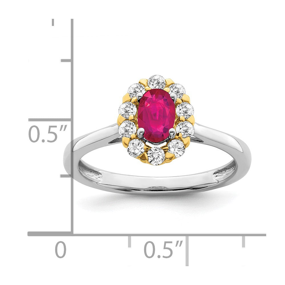 14K Bicolor-Gold Ring mit echtem Rubin und echten Diamanten im Halo-Design