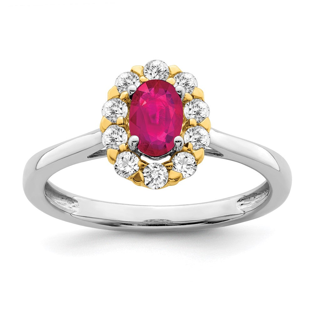14K Bicolor-Gold Ring mit echtem Rubin und echten Diamanten im Halo-Design