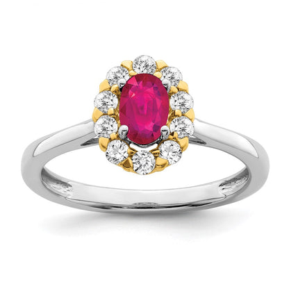 14K Bicolor-Gold Ring mit echtem Rubin und echten Diamanten im Halo-Design
