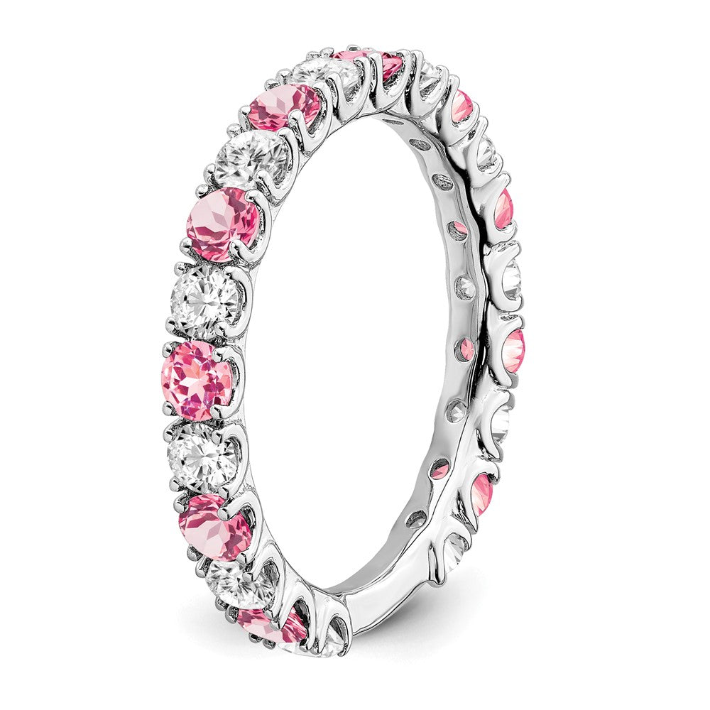 14K Weißgold Ring mit synthetischem pinkem Saphir und echten Diamanten