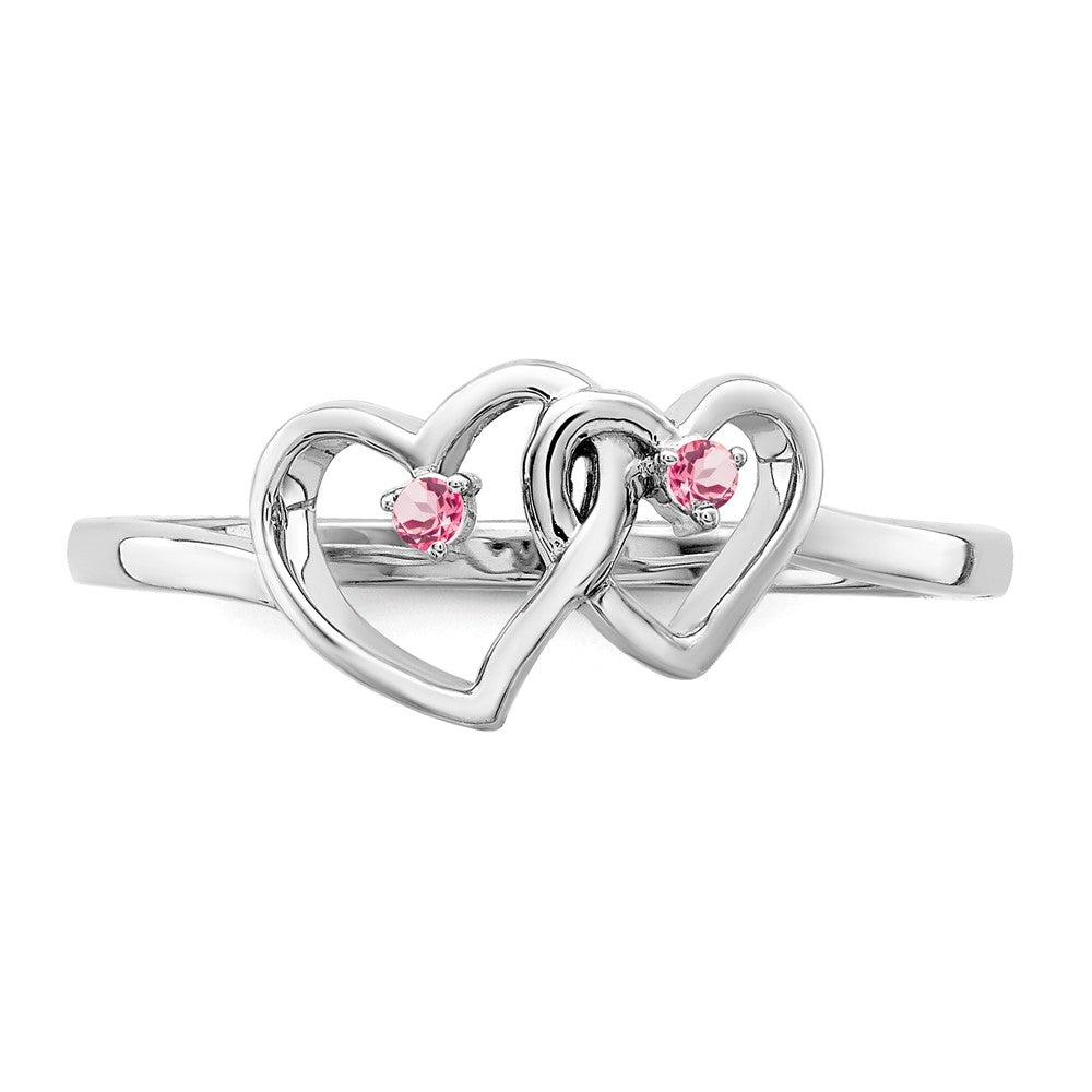 Massiver Ring aus 14K Weißgold mit simuliertem rosa Turmalin in Doppelherz-Design