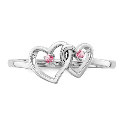 Massiver Ring aus 14K Weißgold mit simuliertem rosa Turmalin in Doppelherz-Design