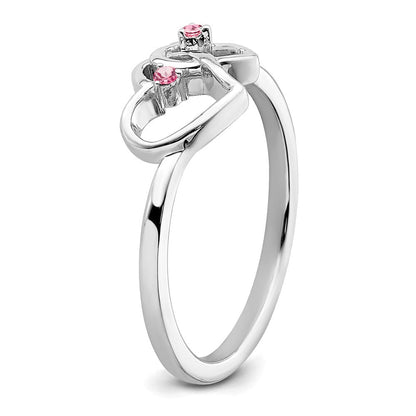 Massiver Ring aus 14K Weißgold mit simuliertem rosa Turmalin in Doppelherz-Design