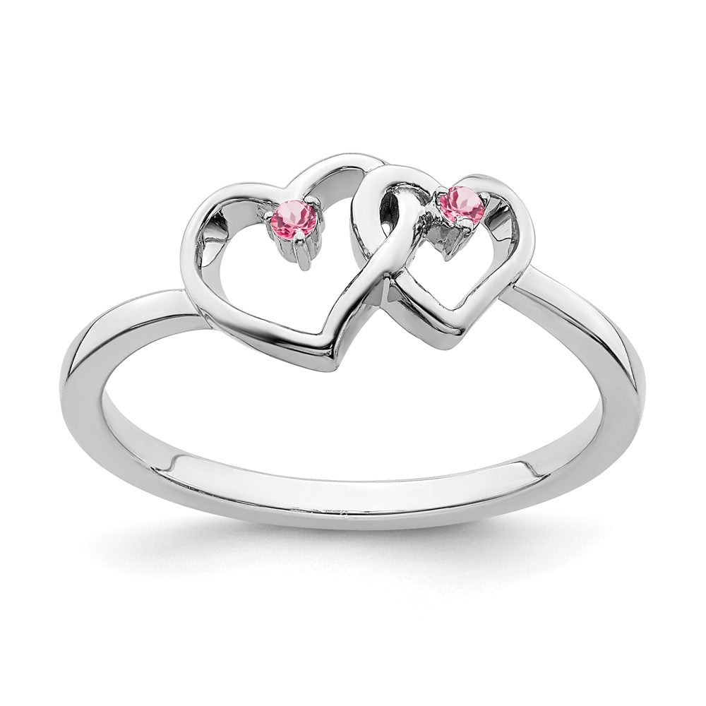 Massiver Ring aus 14K Weißgold mit simuliertem rosa Turmalin in Doppelherz-Design