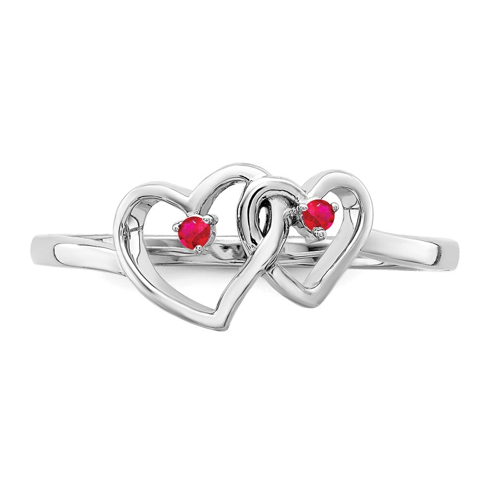 14K Weißgold Ring mit doppeltem Herz und Rubin