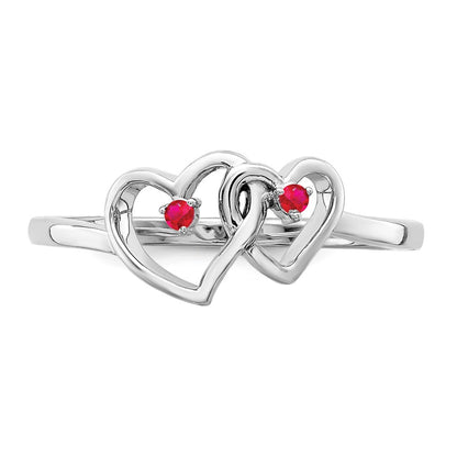 14K Weißgold Ring mit doppeltem Herz und Rubin