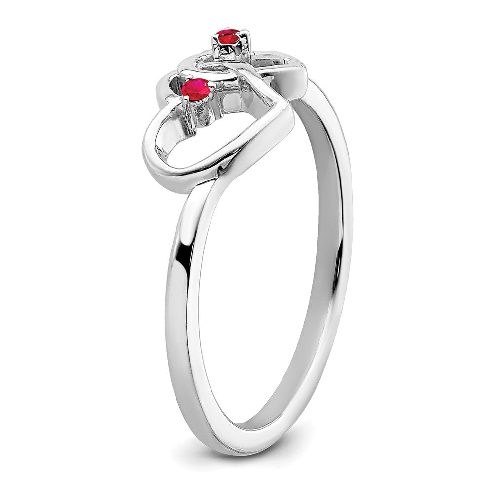 14K Weißgold Ring mit doppeltem Herz und Rubin