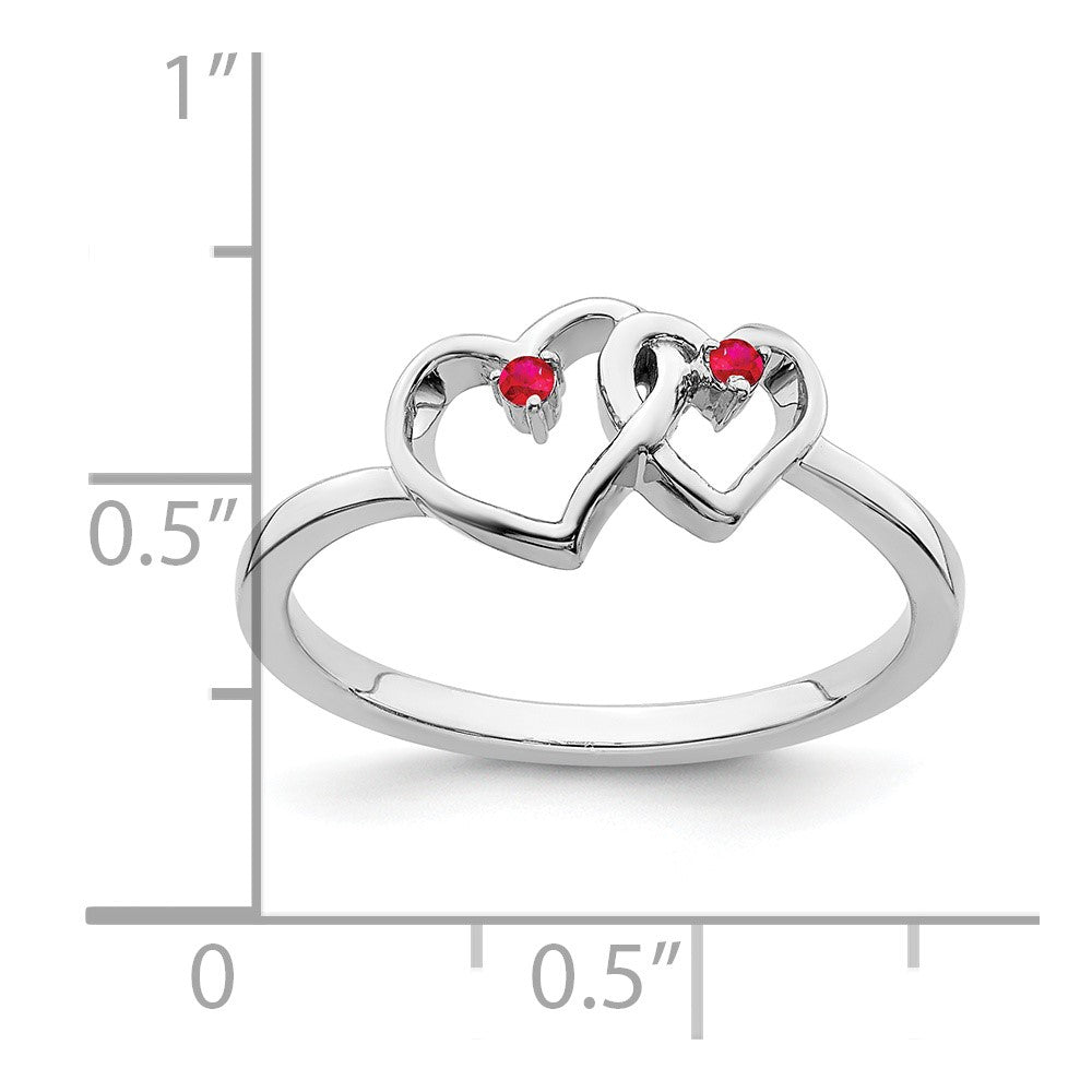 14K Weißgold Ring mit doppeltem Herz und Rubin