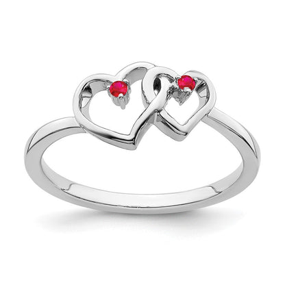 14K Weißgold Ring mit doppeltem Herz und Rubin