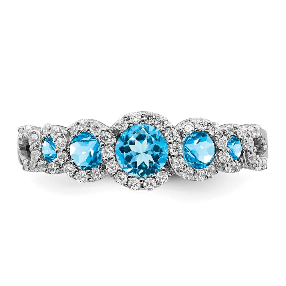 14K Weißgold Ring mit Blautopas und echtem Diamant