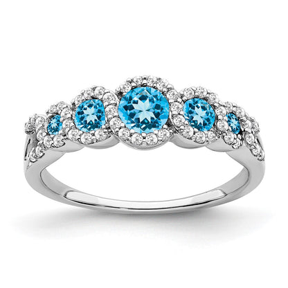 14K Weißgold Ring mit Blautopas und echtem Diamant
