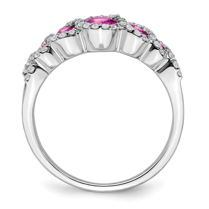 14K Weißgold Ring mit synthetischem pinkem Saphir und echten Diamanten
