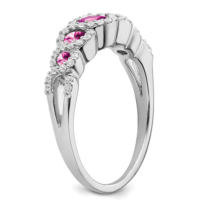 14K Weißgold Ring mit synthetischem pinkem Saphir und echten Diamanten