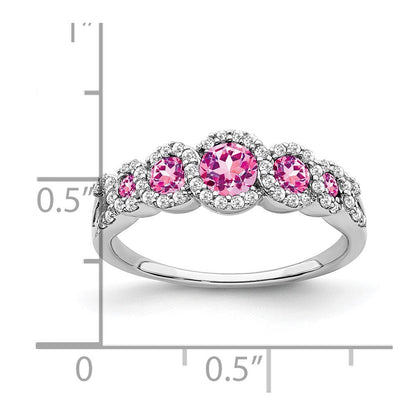 14K Weißgold Ring mit synthetischem pinkem Saphir und echten Diamanten