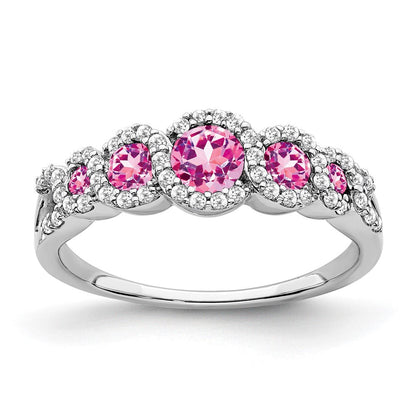 14K Weißgold Ring mit synthetischem pinkem Saphir und echten Diamanten