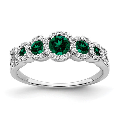 14K Weißgold Ring mit gezüchtetem Smaragd und echtem Diamant