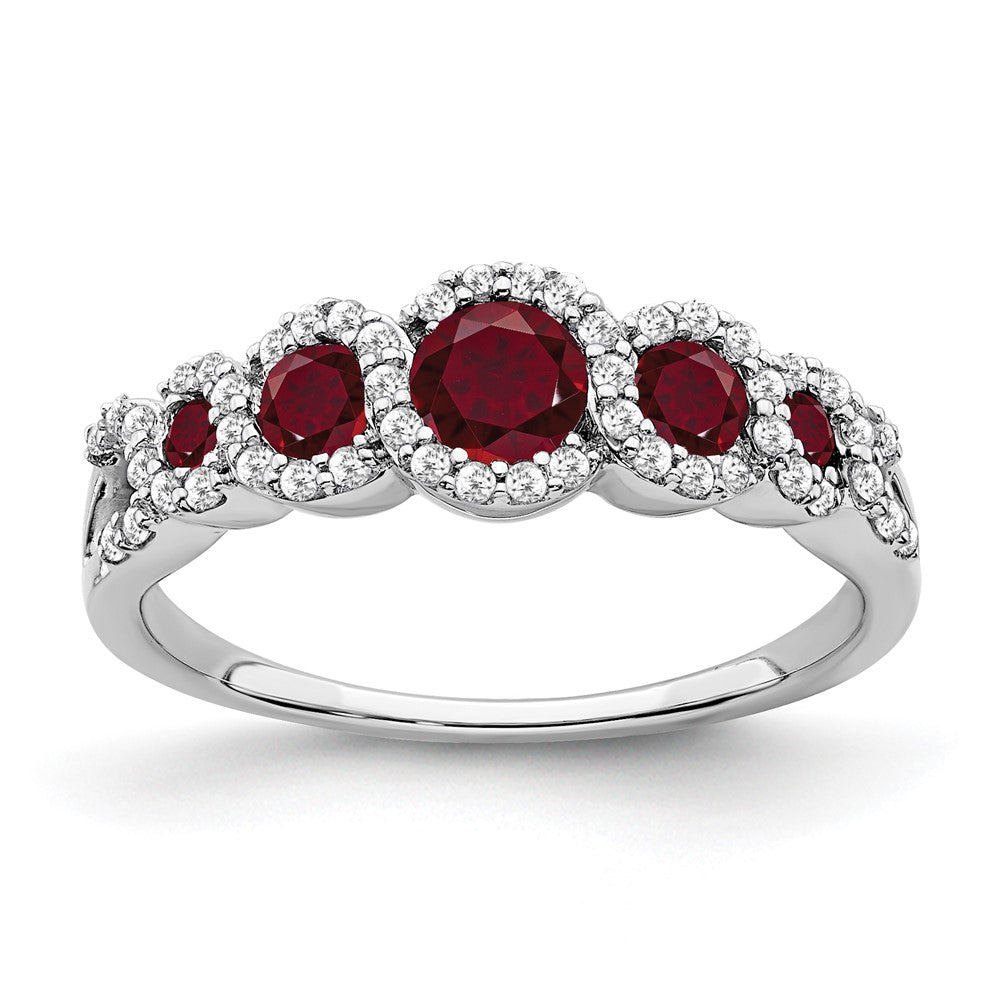 14K Weißgold Ring mit synthetischem Rubin und echten Diamanten