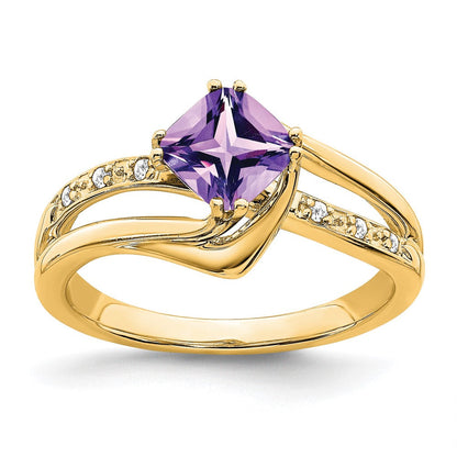 14K Gelbgold Ring mit Amethyst und echten Diamanten