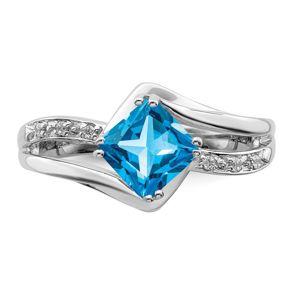 14K Weißgold Ring mit blauem Topas und echten Diamanten