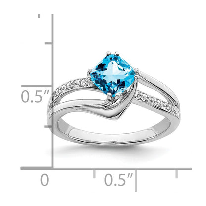 14K Weißgold Ring mit blauem Topas und echten Diamanten