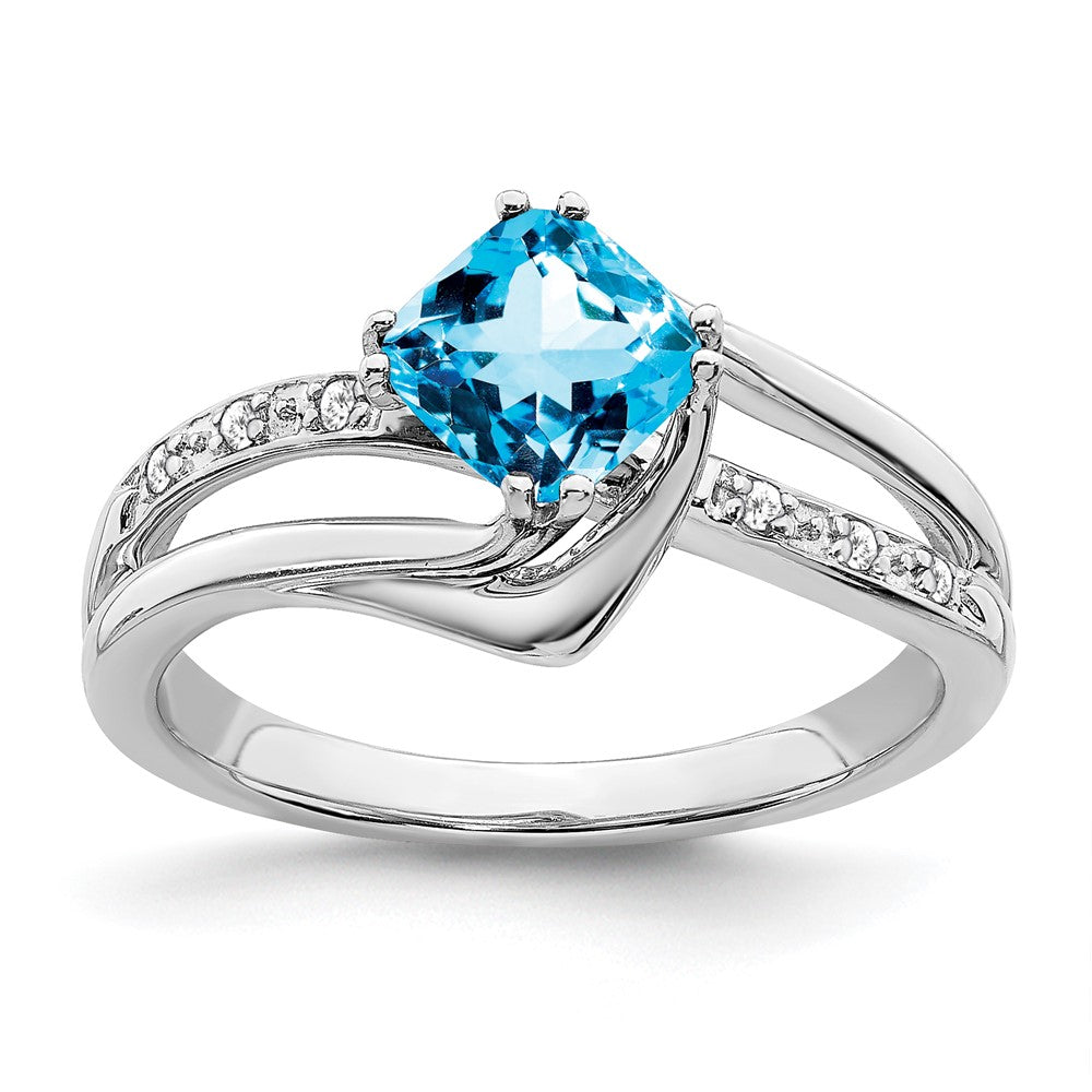 14K Weißgold Ring mit blauem Topas und echten Diamanten