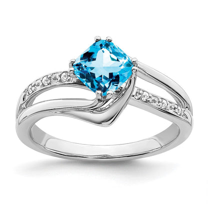 14K Weißgold Ring mit blauem Topas und echten Diamanten