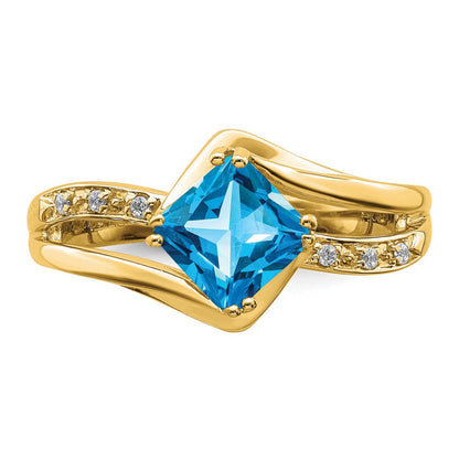 14K Gelbgold Ring mit blauem Topas und echten Diamanten