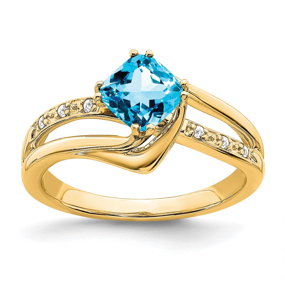 14K Gelbgold Ring mit blauem Topas und echten Diamanten