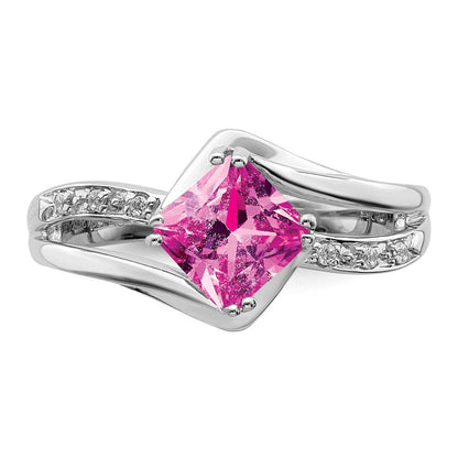 14K Weißgold Ring mit gezüchtetem Pink-Saphir und echten Diamanten
