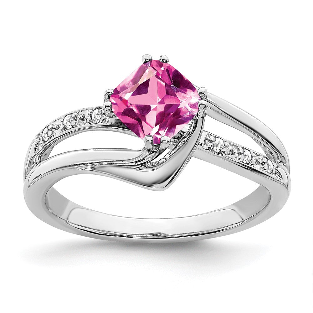 14K Weißgold Ring mit gezüchtetem Pink-Saphir und echten Diamanten