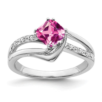14K Weißgold Ring mit gezüchtetem Pink-Saphir und echten Diamanten