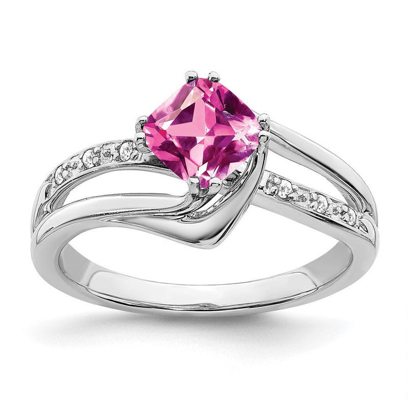 14K Weißgold Ring mit gezüchtetem Pink-Saphir und echten Diamanten