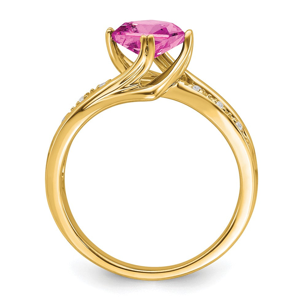 14K Gelbgold Ring mit synthetischem rosa Saphir und echten Diamanten