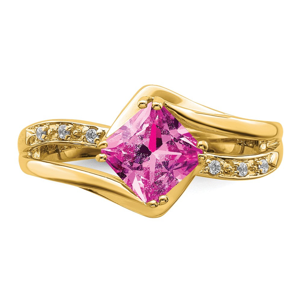 14K Gelbgold Ring mit synthetischem rosa Saphir und echten Diamanten