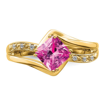 14K Gelbgold Ring mit synthetischem rosa Saphir und echten Diamanten