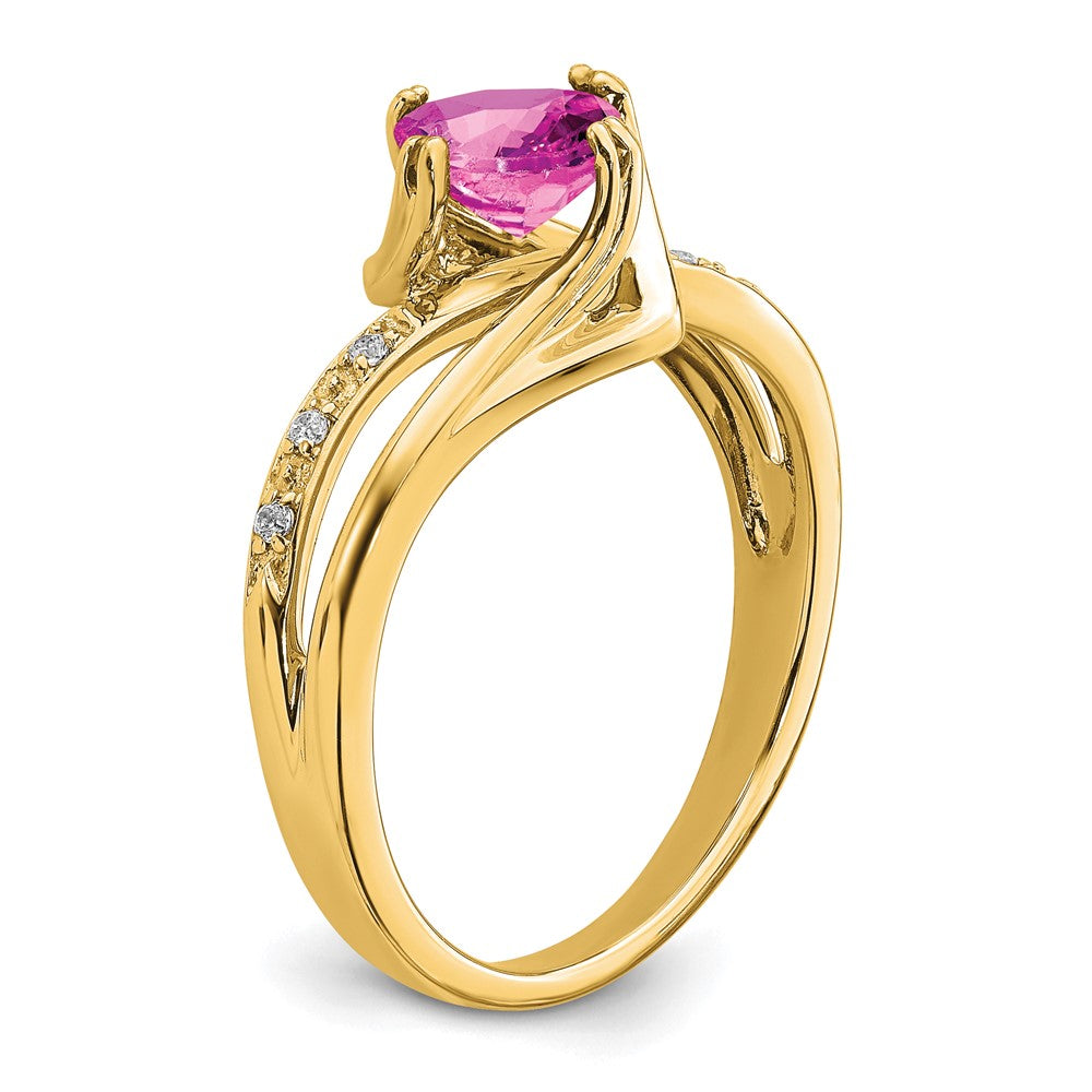 14K Gelbgold Ring mit synthetischem rosa Saphir und echten Diamanten