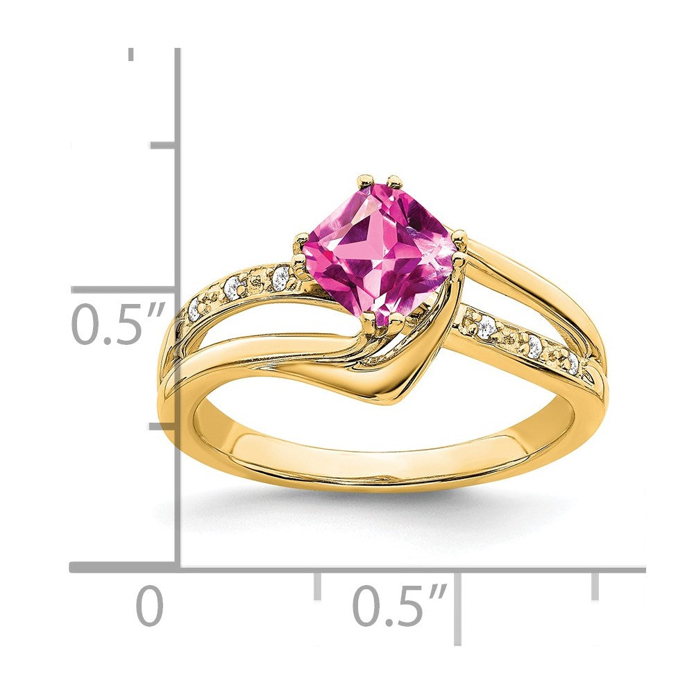 14K Gelbgold Ring mit synthetischem rosa Saphir und echten Diamanten