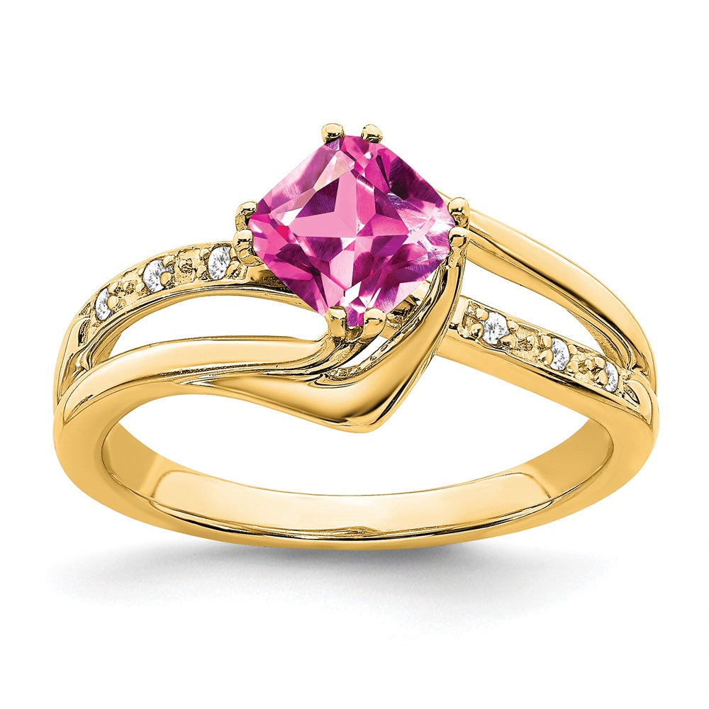 14K Gelbgold Ring mit synthetischem rosa Saphir und echten Diamanten