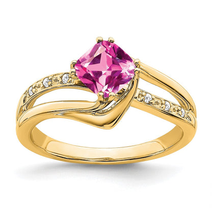 14K Gelbgold Ring mit synthetischem rosa Saphir und echten Diamanten