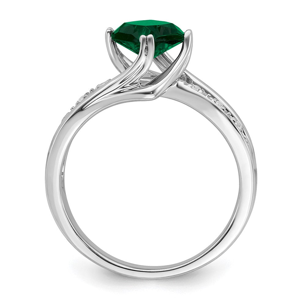14K Weißgold Ring mit gezüchtetem Smaragd und echten Diamanten