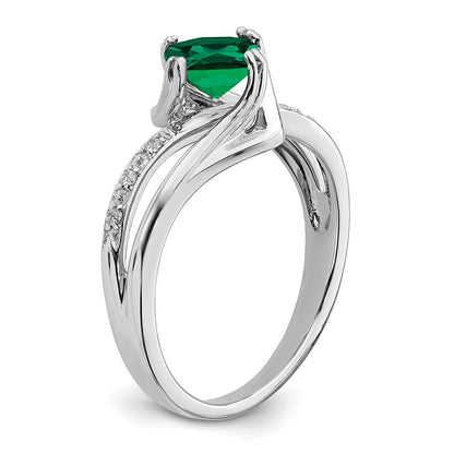 14K Weißgold Ring mit gezüchtetem Smaragd und echten Diamanten