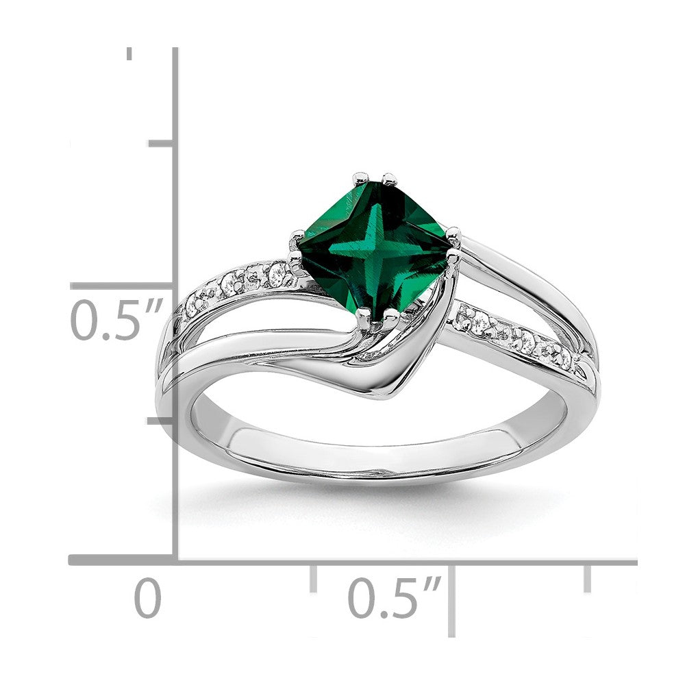 14K Weißgold Ring mit gezüchtetem Smaragd und echten Diamanten