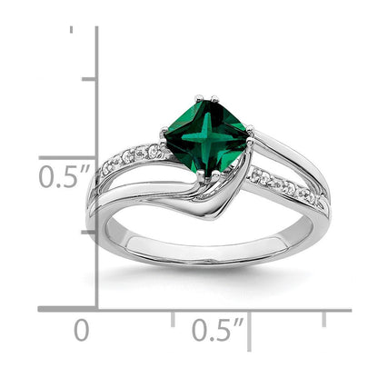14K Weißgold Ring mit gezüchtetem Smaragd und echten Diamanten