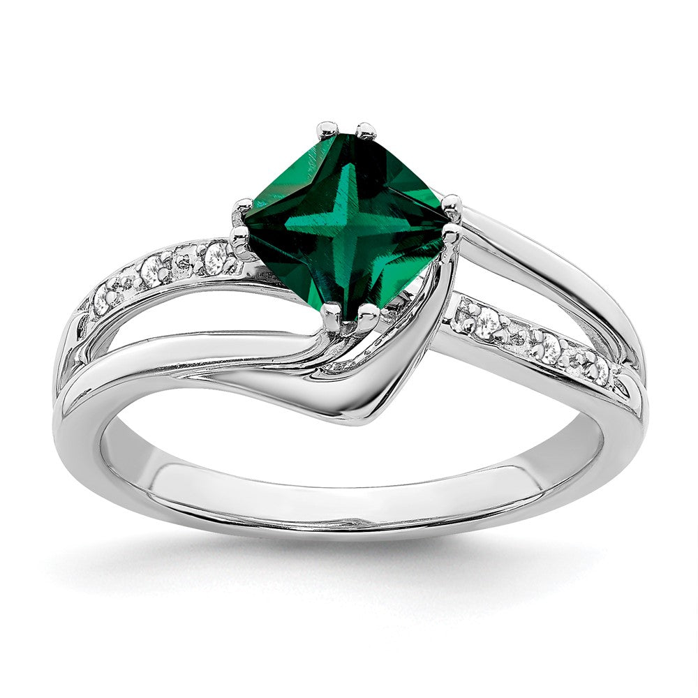 14K Weißgold Ring mit gezüchtetem Smaragd und echten Diamanten