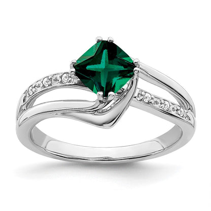 14K Weißgold Ring mit gezüchtetem Smaragd und echten Diamanten